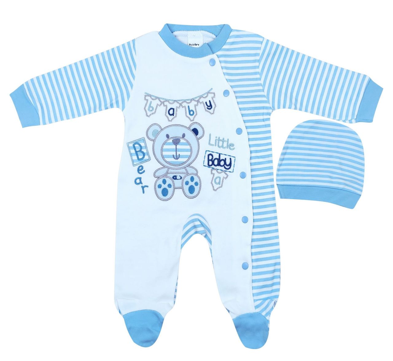 AyBaby AY096 Çizgili Ayıcık Desenli 2Li Bebek Tulumu Yenidoğan - Mavi