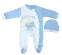 AyBaby AY120 Bebek Arabası Desenli 2Li Bebek Tulumu 0-3 Ay - Mavi