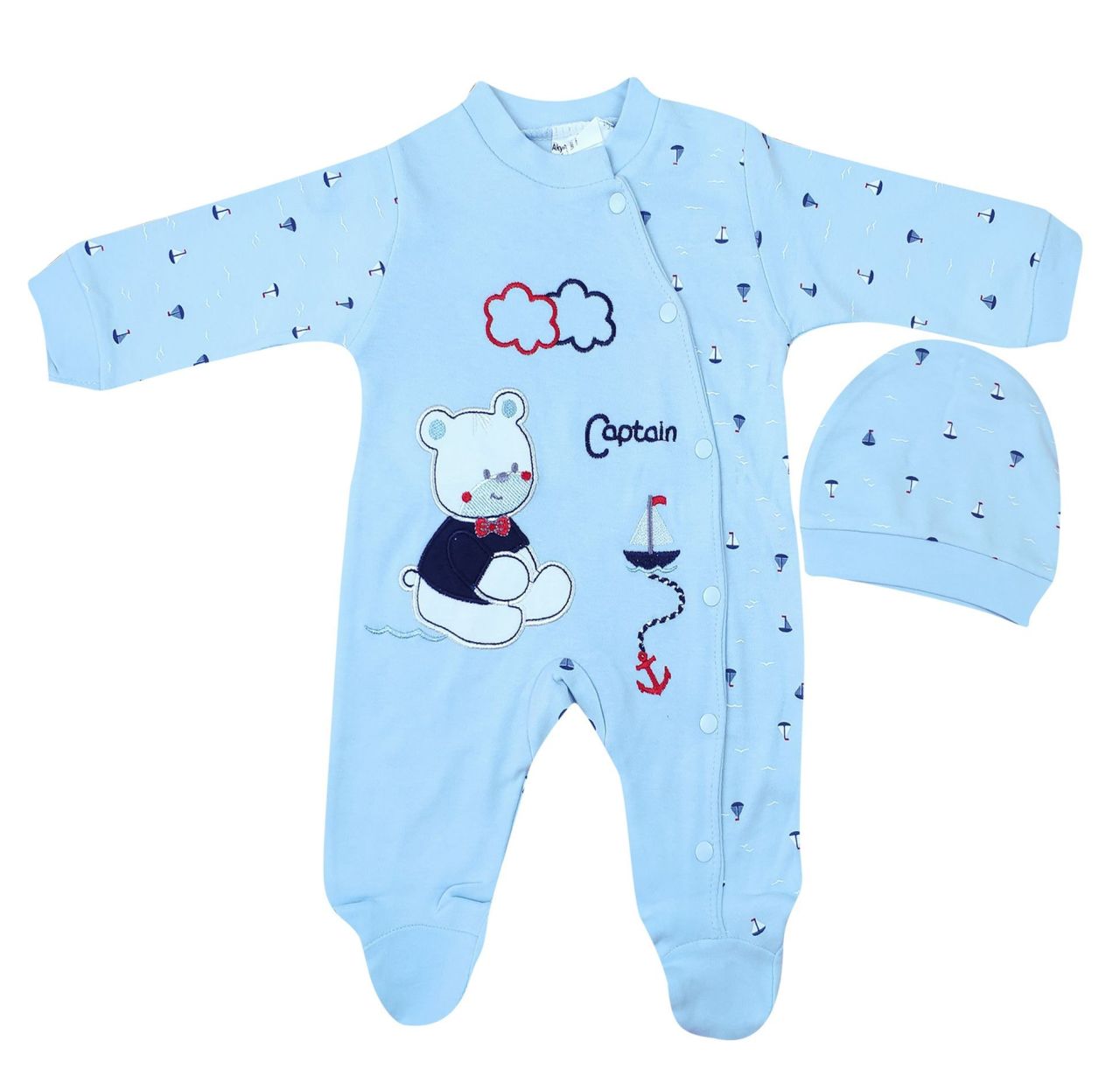 AyBaby AY105 Yelken Desenli 2Li Bebek Tulum Yenidoğan - Mavi