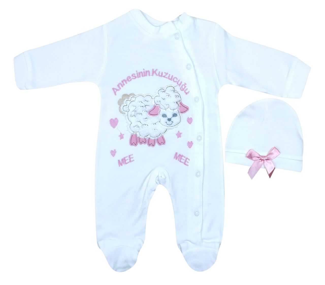 AyBaby AY078 Annesinin Kuzusu 2Li Bebek Tulum 0-3 Ay - Beyaz Pembe