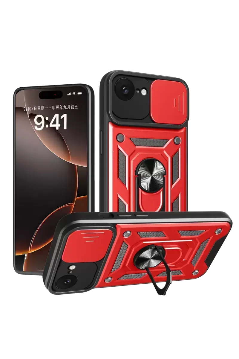 Newface İphone 16e Kılıf Pars Lens Yüzüklü Silikon - Kırmızı