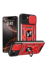 Newface İphone 16e Kılıf Pars Lens Yüzüklü Silikon - Kırmızı