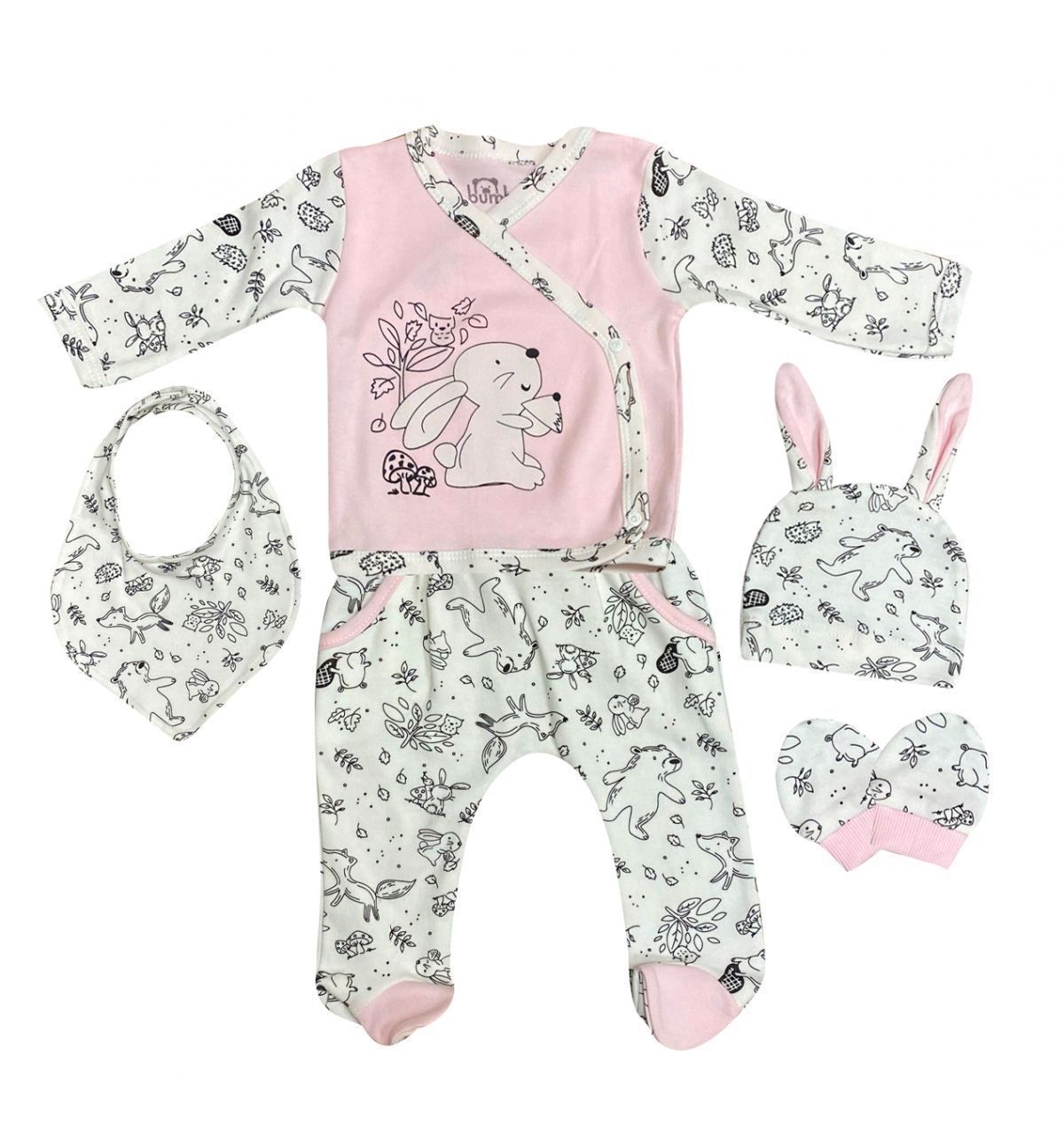 Bumbo 1120 Tavşan Desenli Bebek Zıbın Seti 5Li - Pembe