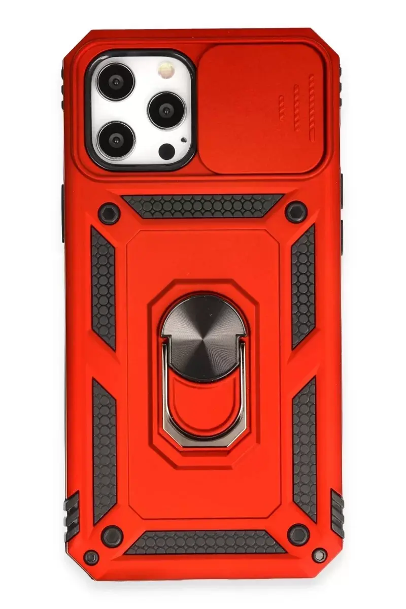 Newface İphone 12 Pro Max Kılıf Pars Lens Yüzüklü Silikon - Kırmızı