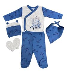 Bumbo 1125 Kaptan Baskılı Bebek Zıbın Seti 5Li - Mavi