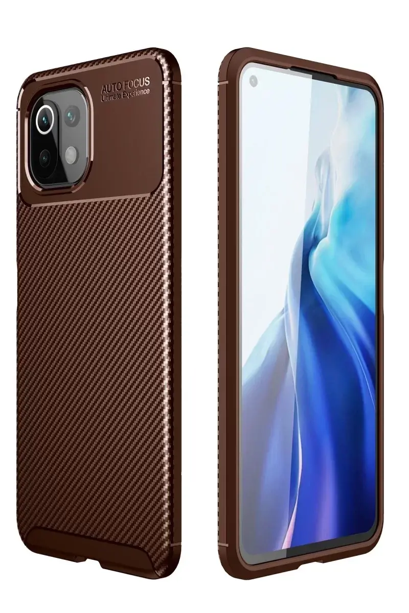 Newface Xiaomi Mi 11 Lite Kılıf Auto Focus Karbon Kapak - Kahverengi