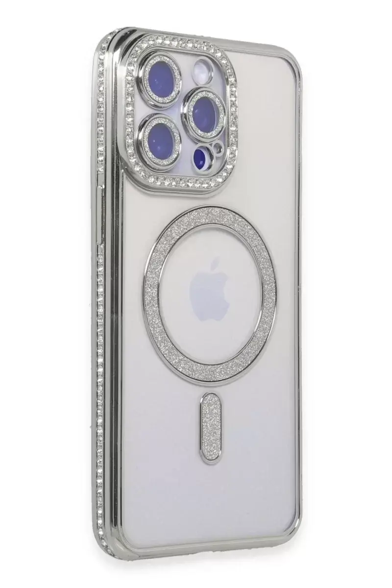 Newface İphone 15 Pro Kılıf Joke Simli Magneticsafe Kılıf - Gümüş
