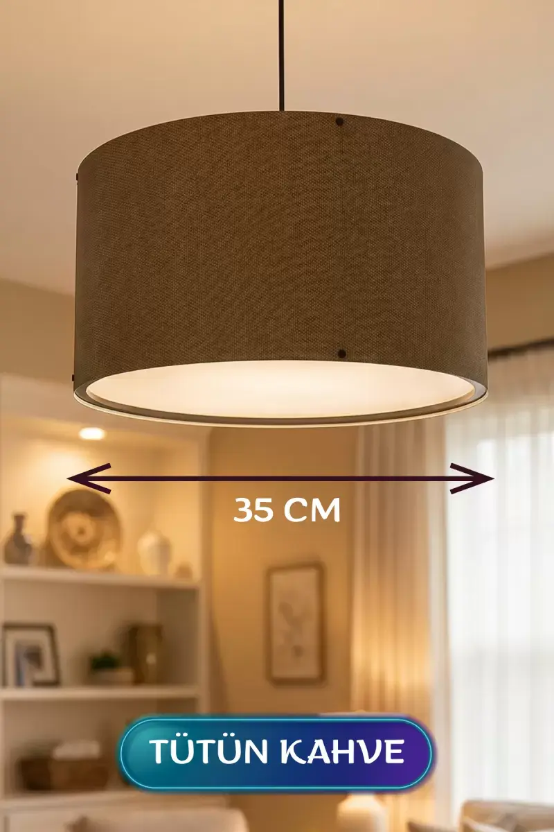 Tütün Kahve Kumaş Başlıklı Sarkıt Avize 35 Cm