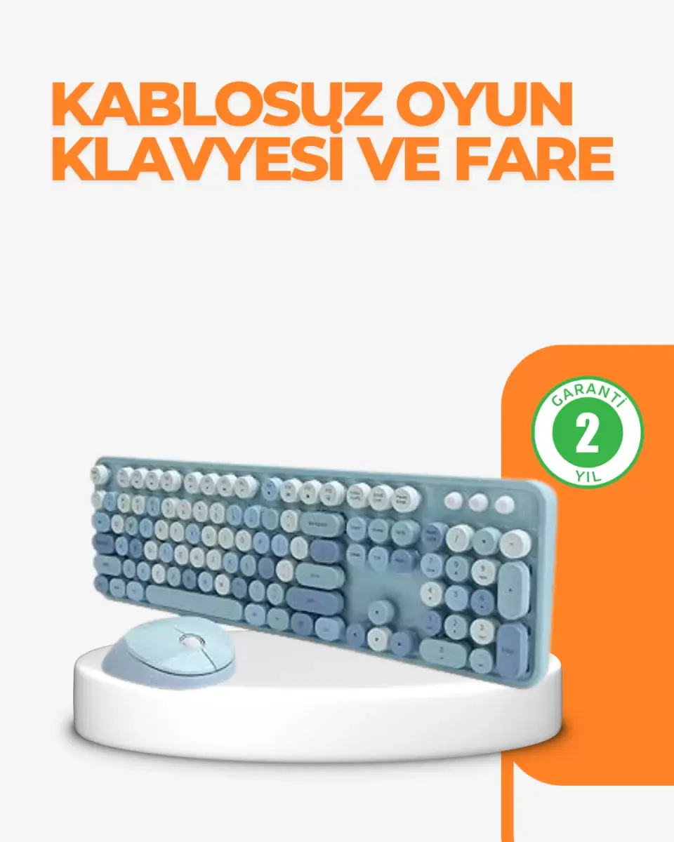 Kablosuz Retro Klavye Ve Mouse Seti – 104 Tuşlu Sevimli Tasarım