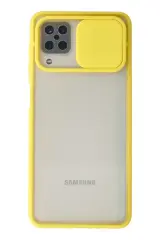 Newface Samsung Galaxy A12 Kılıf Palm Buzlu Kamera Sürgülü Silikon - Sarı