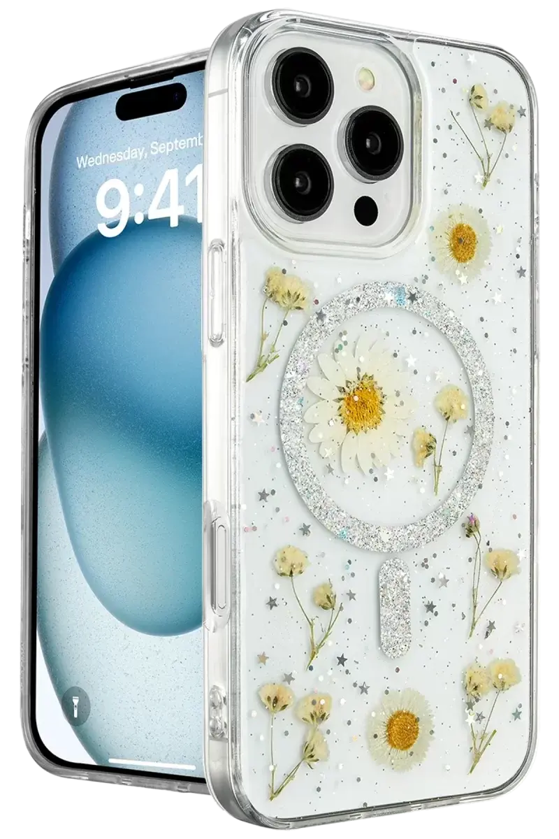 Newface İphone 16 Pro Kılıf Daisy Simli Magsafe Kapak - Gümüş