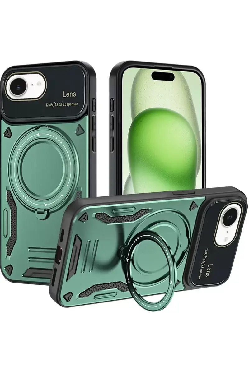 Newface Apple İphone 16e Kılıf Joy Lens Standlı Kapak - Koyu Yeşil