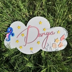 Bulut ve Deniz Figürleri Konseptli Kişiye Özel İsimli Ahşap Pano