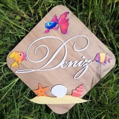 Deniz Canlıları Konseptli Kişiye Özel İsimli Ahşap Pano