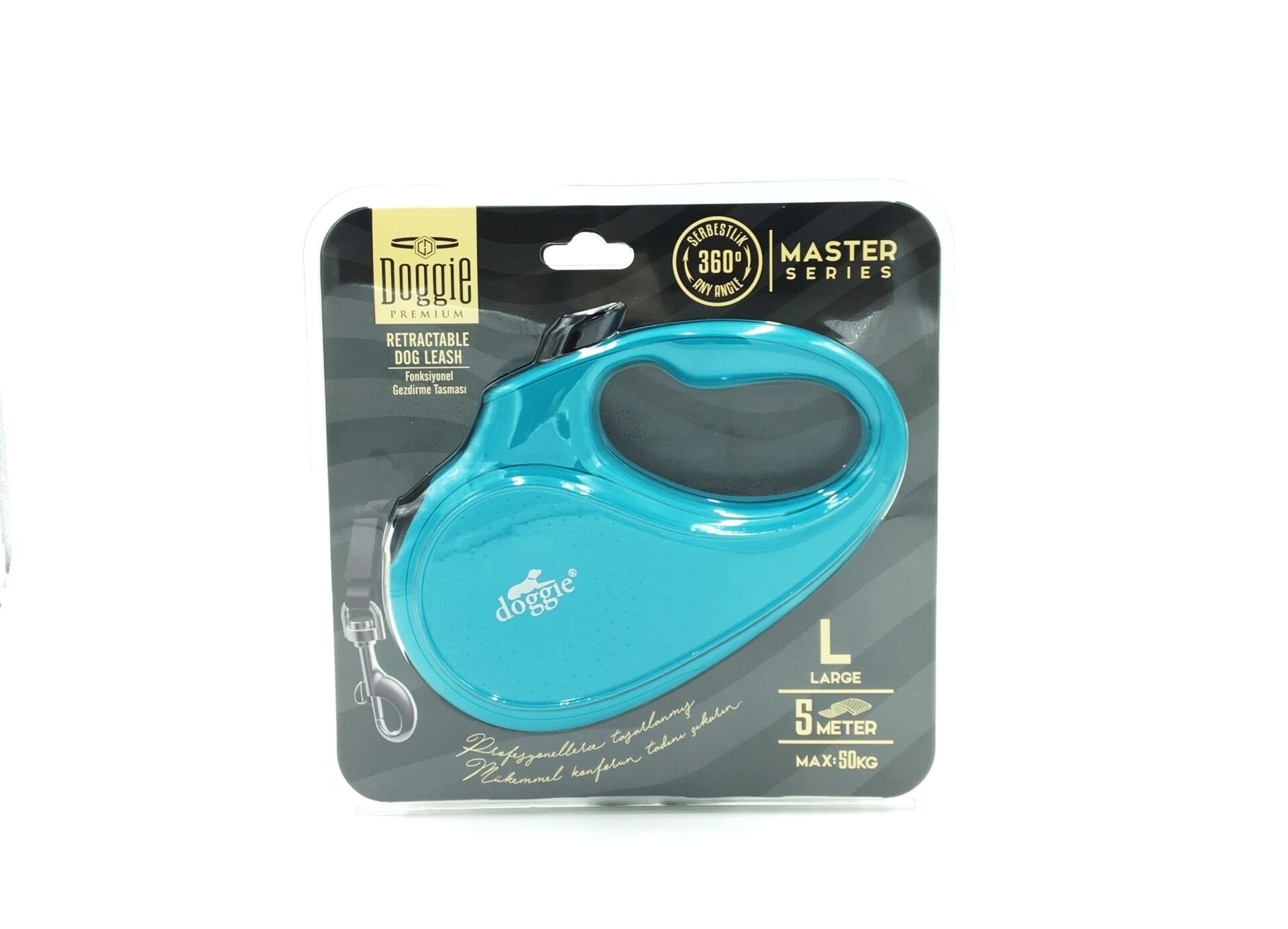 Doggie Master Seri Otomatik Makaralı Köpek Gezdirme 50 kg / 5 M Turkuaz