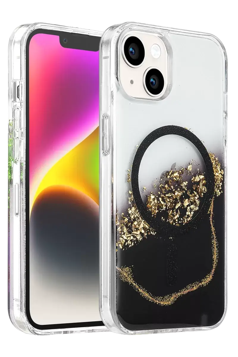 Onegif Apple İphone 14 Lotus Simli Magsafe Kapak - Siyah