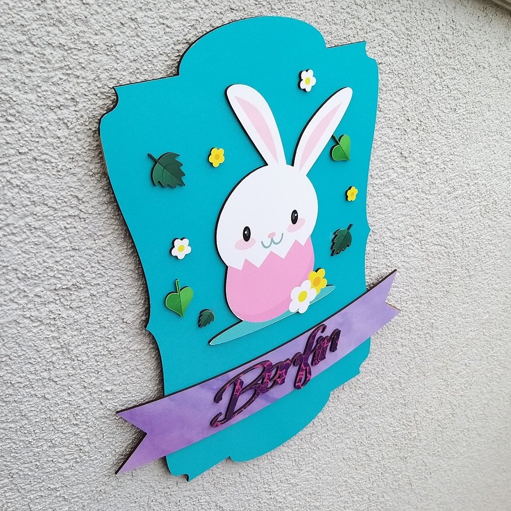 Tavşan Konseptli Kişiye Özel İsimli Ahşap Pano