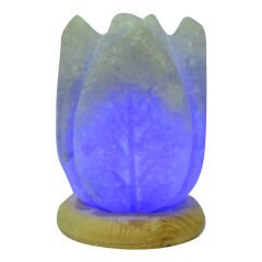 Kabartma Lale Desenli Doğal Kaya Tuzu Lambası Kablolu Ampullü Beyaz 1-2 Kg