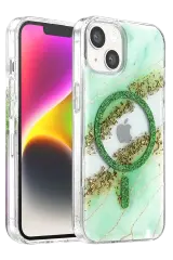 Onegif Apple İphone 14 Lotus Simli Magsafe Kapak - Yeşil