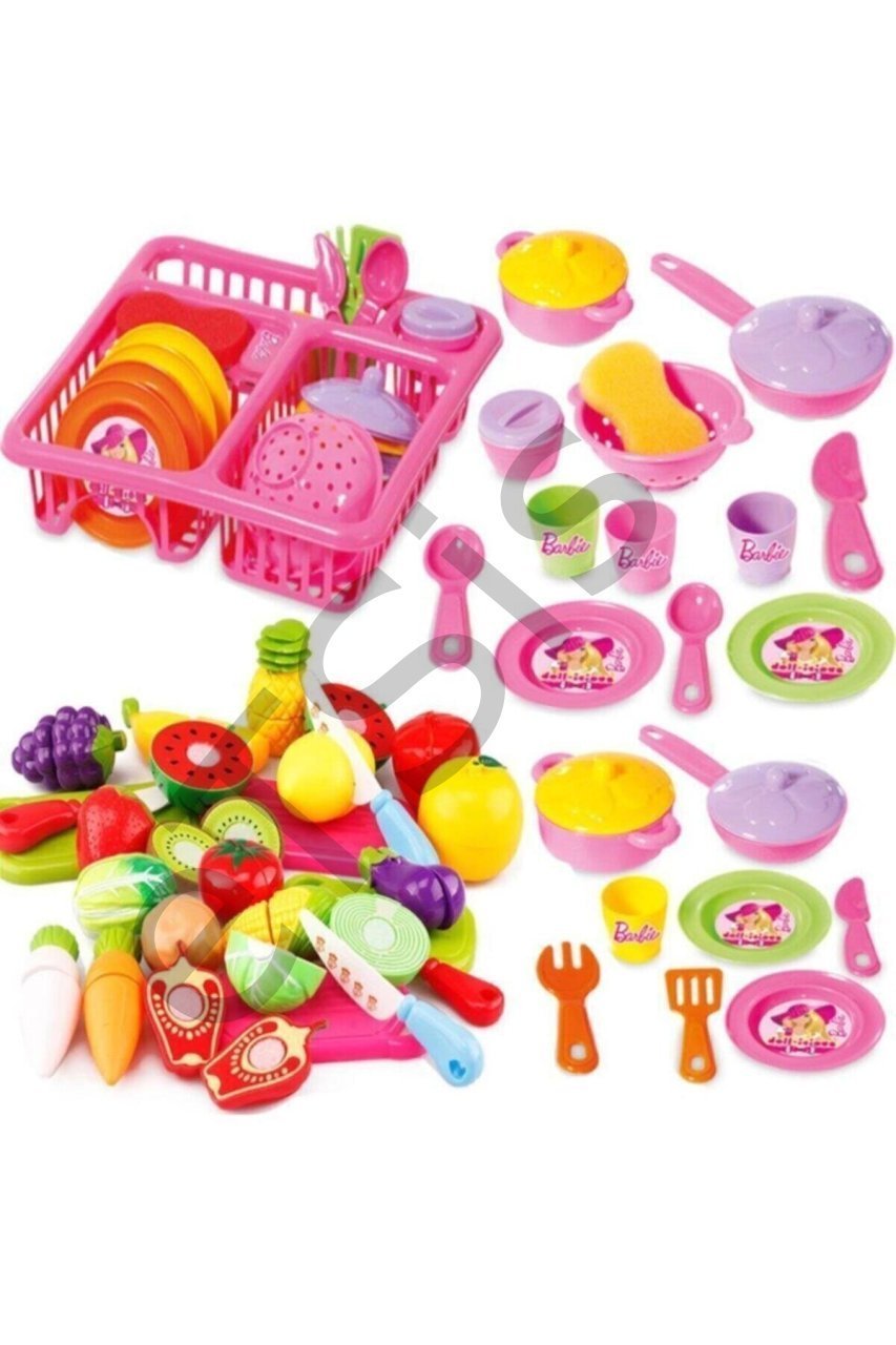 Barbie Oyuncak Bulaşıklık Tabak Tencere Set + 22 Parça Kesilebilen Oyuncak Meyve Sebze Set Kesme Meyve Seti