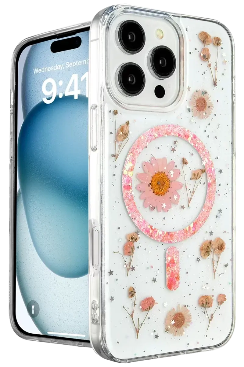 Newface İphone 16 Pro Kılıf Daisy Simli Magsafe Kapak - Pembe