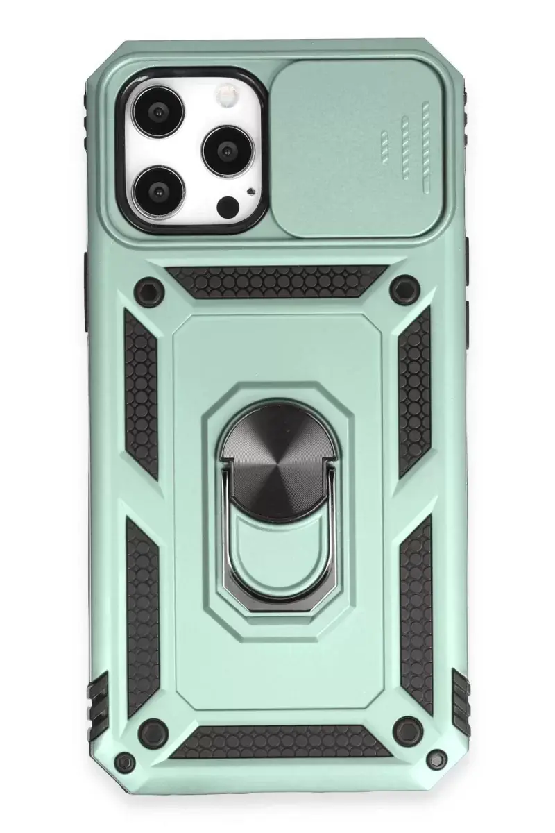Newface İphone 12 Pro Max Kılıf Pars Lens Yüzüklü Silikon - Yeşil