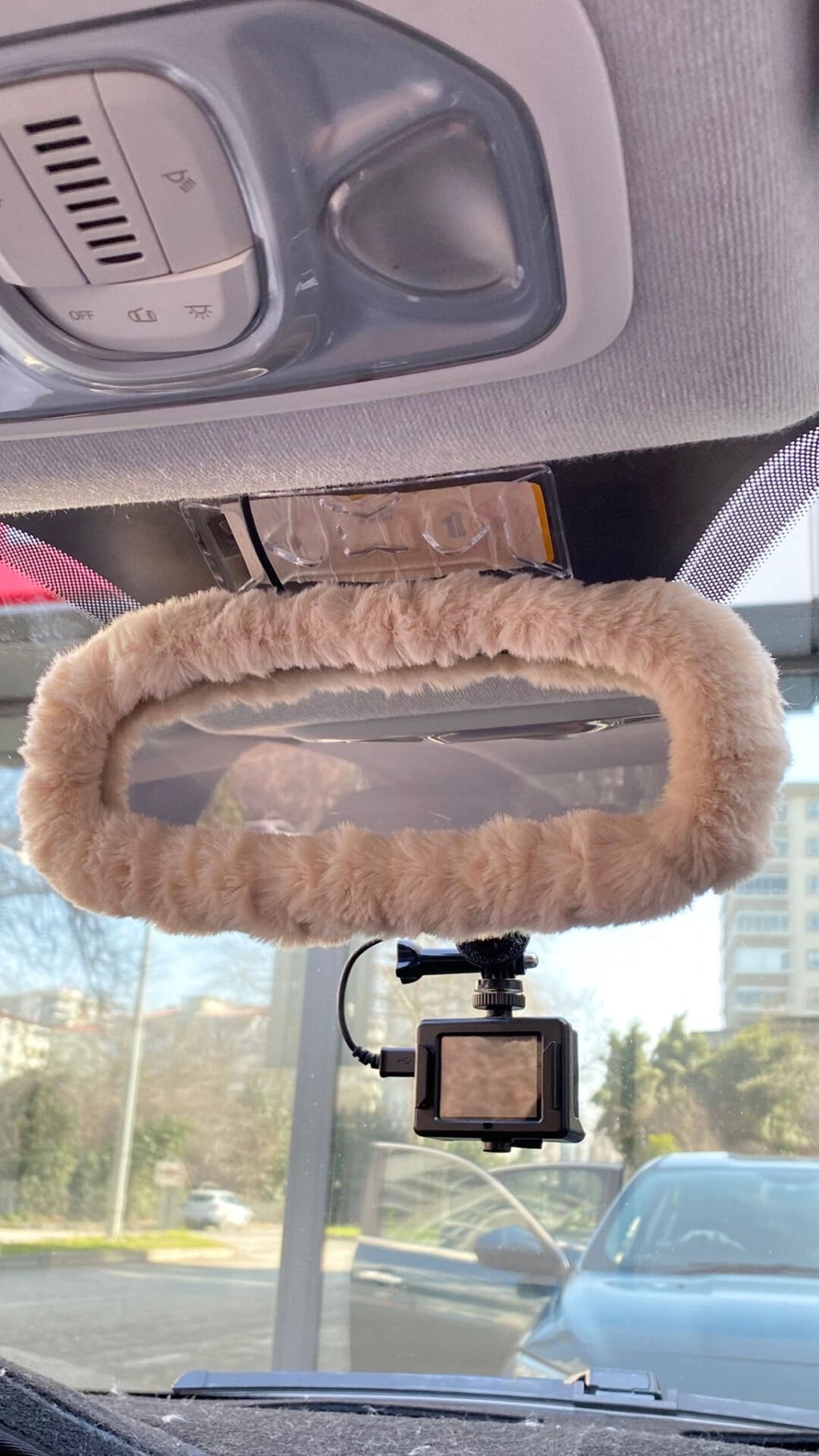 Peluş Dikiz Ayna Kılıfı Süs Bej