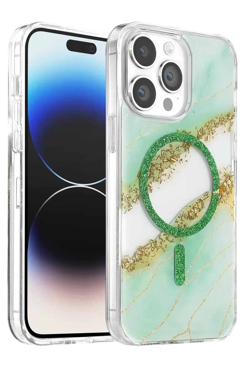 Onegif Apple İphone 14 Pro Max Lotus Simli Magsafe Kapak - Yeşil