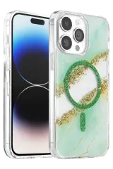 Onegif Apple İphone 14 Pro Max Lotus Simli Magsafe Kapak - Yeşil