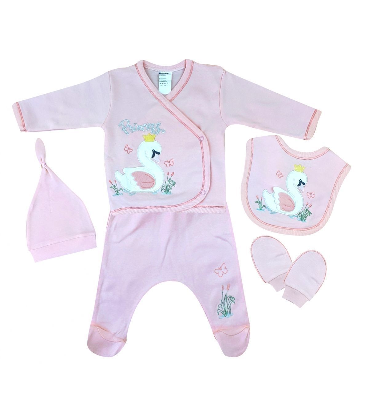 AyBaby AY076 Kuğu Desenli 5Li Bebek Zıbın Seti 0-3 Ay - Somon
