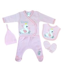 AyBaby AY076 Kuğu Desenli 5Li Bebek Zıbın Seti 0-3 Ay - Somon