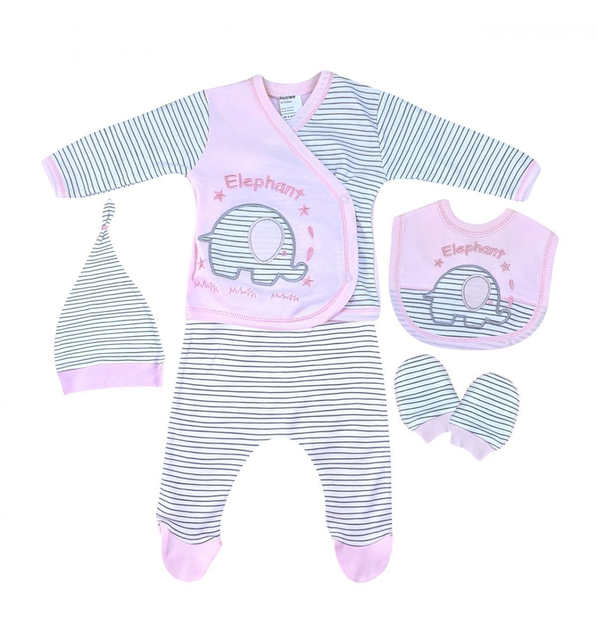 AyBaby AY089 Fil Baskılı 5Li Bebek Zıbın Seti 0-3 Ay - Pembe