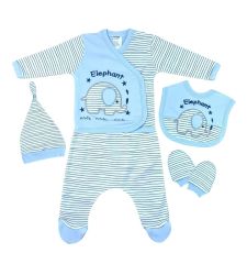 AyBaby AY089 Fil Baskılı 5Li Bebek Zıbın Seti 0-3 Ay - Mavi