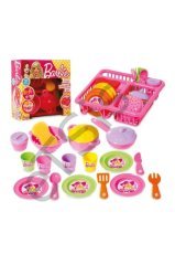 Barbie Oyuncak Bulaşıklık Tabak Tencere Set + 22 Parça Kesilebilen Oyuncak Meyve Sebze Set Kesme Meyve Seti