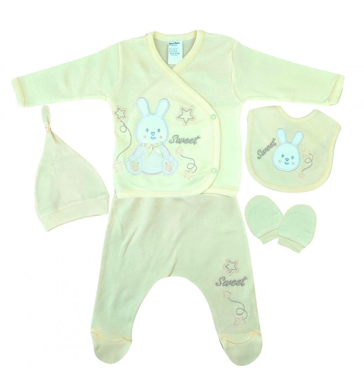 AyBaby AY016 Tavşan Baskılı 5Li Bebek Zıbın Seti 0-3 Ay - Sarı
