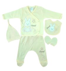 AyBaby AY016 Tavşan Baskılı 5Li Bebek Zıbın Seti 0-3 Ay - Sarı