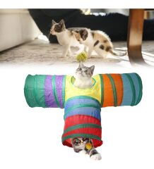 Gökkuşağı Desenli T Model Kedi Oyun Tüneli, Katlanabilir 50 x 75 cm