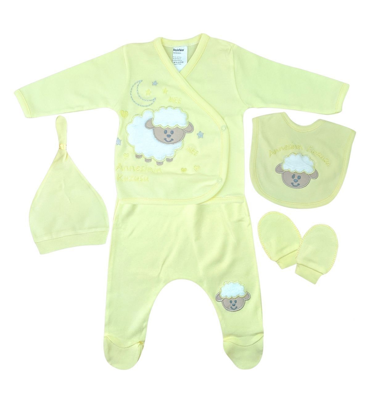 AyBaby AY011 Annesinin Kuzusu Baskılı 5Li Bebek Zıbın Seti - Sarı