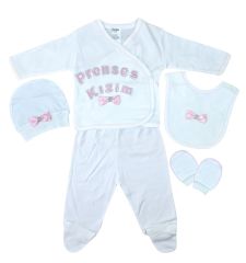 AyBaby AY006 Prenses Kızım Baskılı 5Li Bebek Zıbın Seti - Beyaz