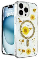 Newface İphone 16 Pro Kılıf Daisy Simli Magsafe Kapak - Gold