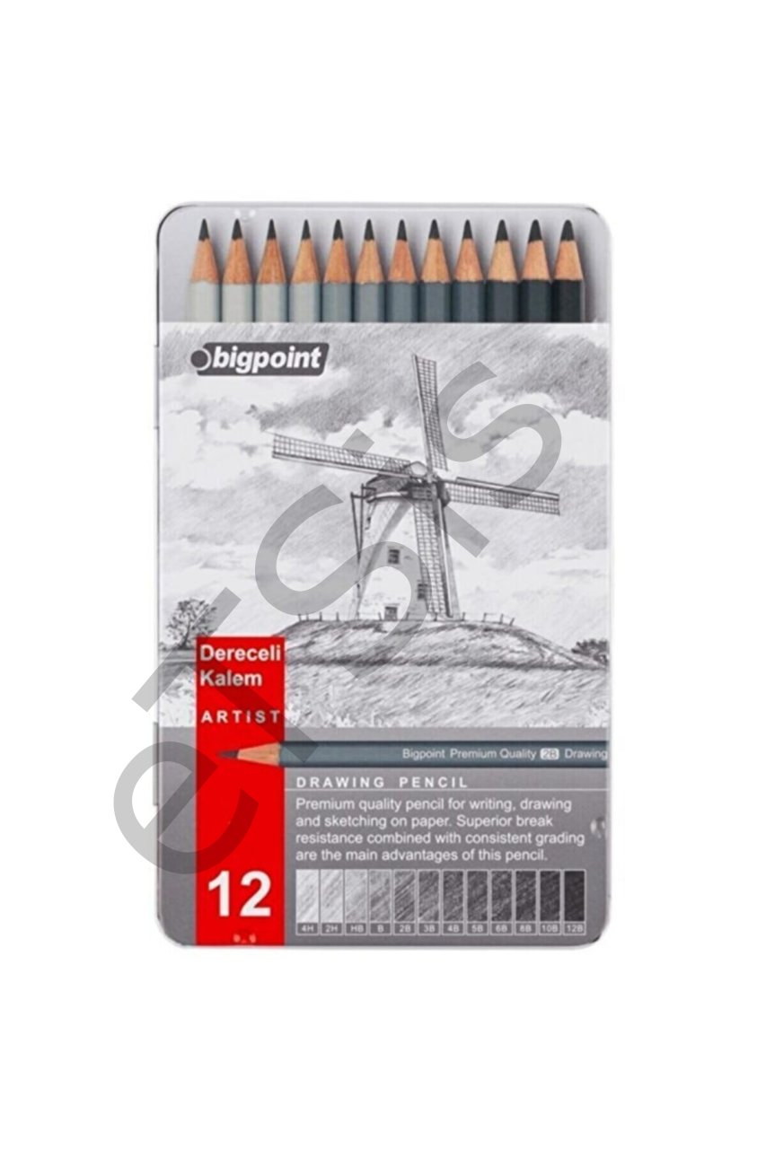 Bigpoint Metal Kutulu Dereceli Resim Yazım Teknik Çizim Karakalem ve Eskiz Kalemi Drawing Pencil 12'li Set