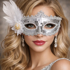 Gümüş Tüylü Payetli Lüks Taşlı Parti Maskesi