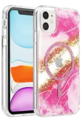 Onegif Apple İphone 11 Lotus Simli Magsafe Kapak - Pembe