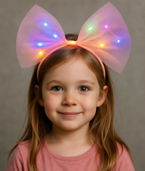 Rengarenk Led Işıklı Fiyonk Şekilli Tül Parti Tacı Pembe Renk 25x25 Cm