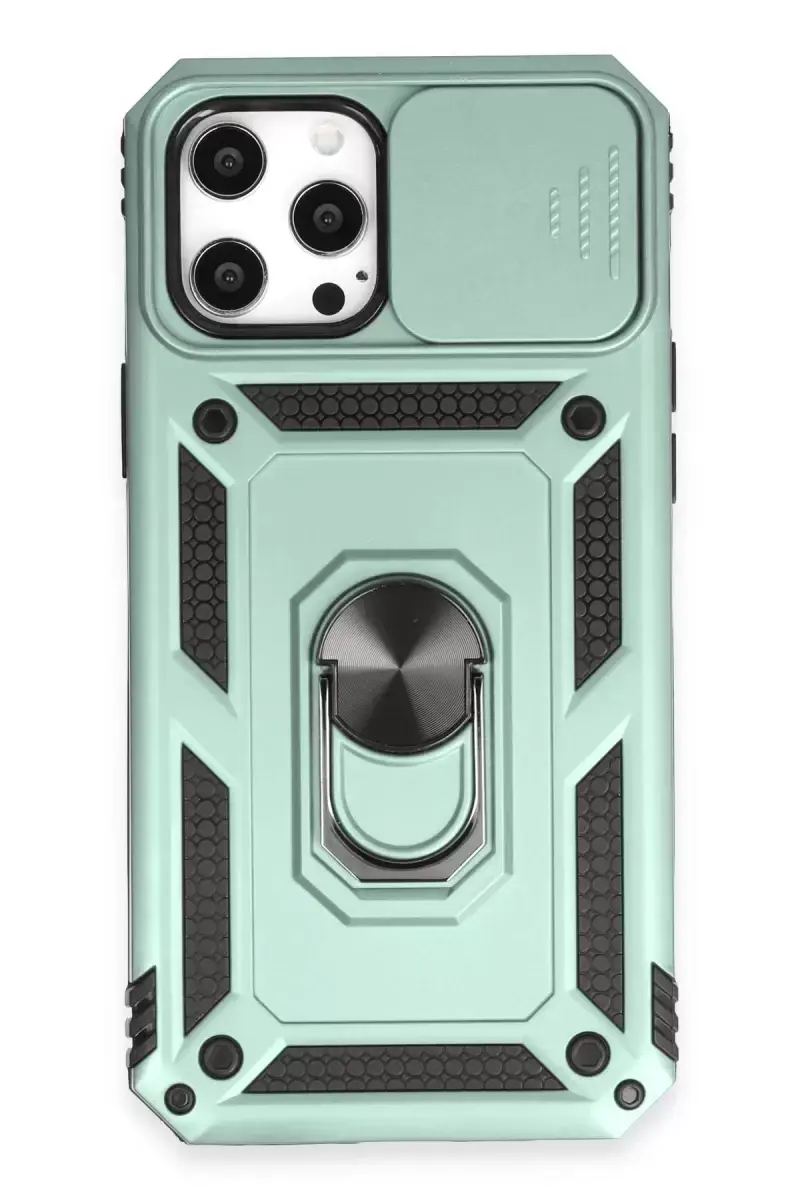 Newface Apple İphone 12 Pro Max Kılıf Pars Lens Yüzüklü Silikon - Yeşil