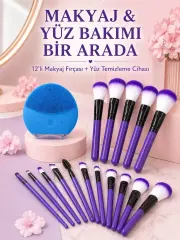 Makyaj Ve Yüz Bakım Seti 12’li Mor Makyaj Fırçası Silikon Yüz Temizleme Ve Cilt Bakım Cihazı