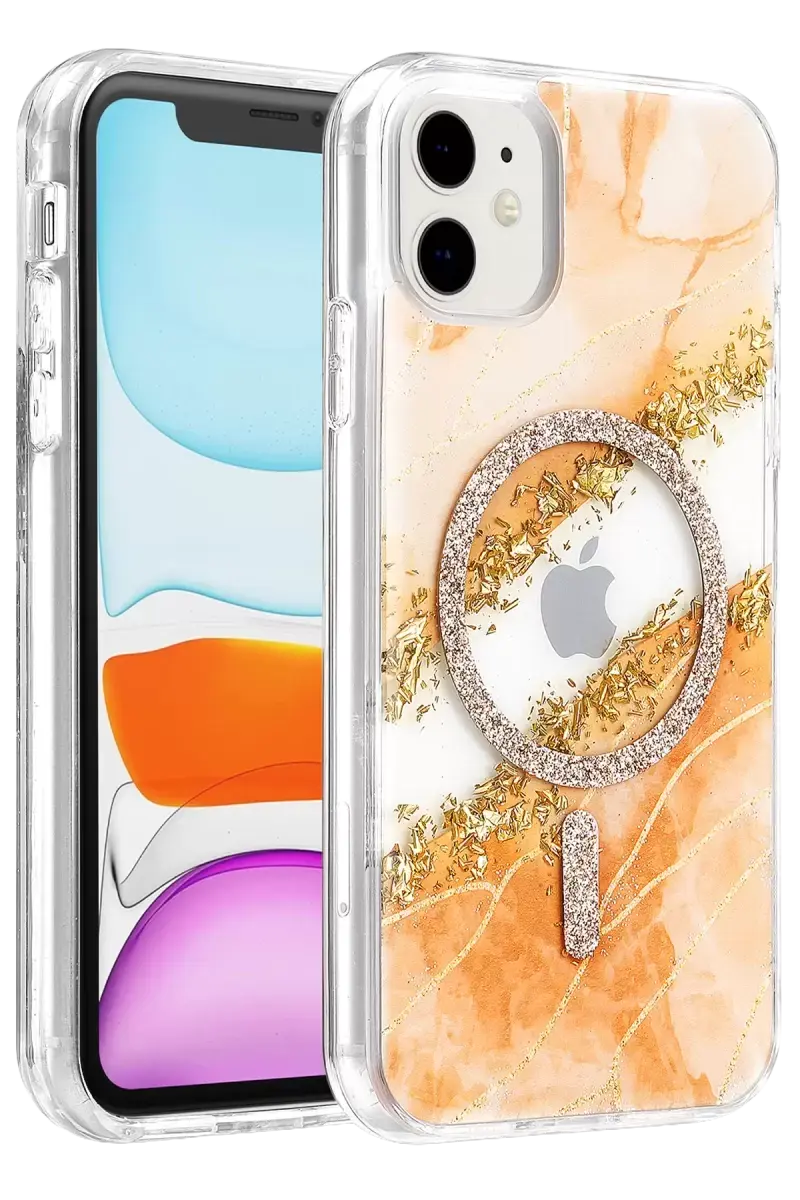Onegif Apple İphone 11 Lotus Simli Magsafe Kapak - Turuncu