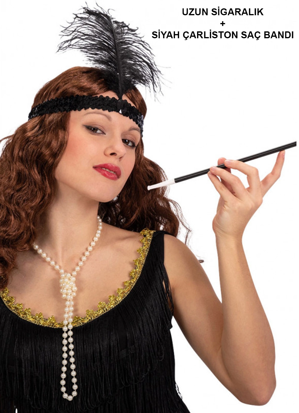 1920'ler Gatsby Aksesuar Seti – Siyah Charleston Saç Bandı & Sigaralık