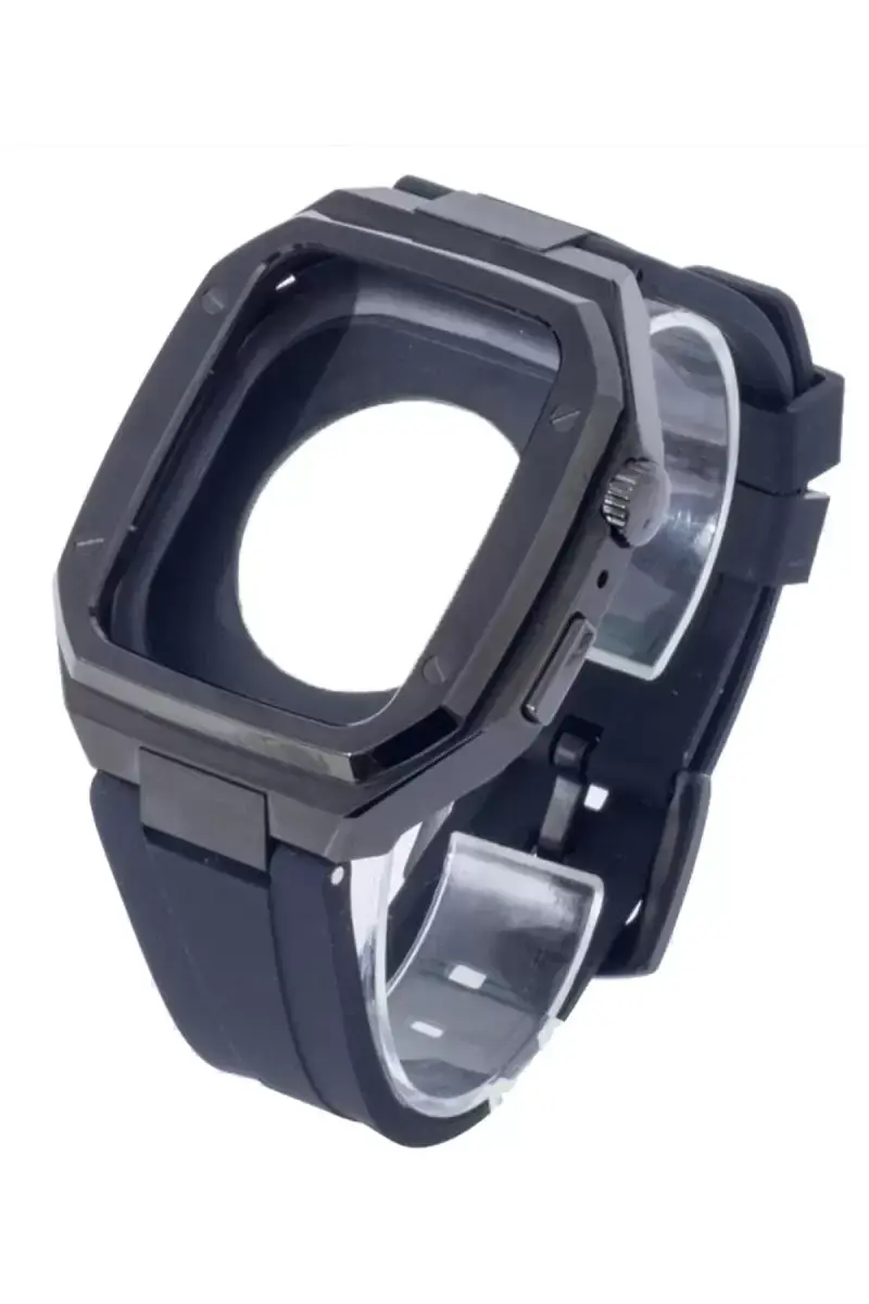 Newface Apple Watch 44mm Kr402 Metal Kasa Silikon Kordon - Siyah