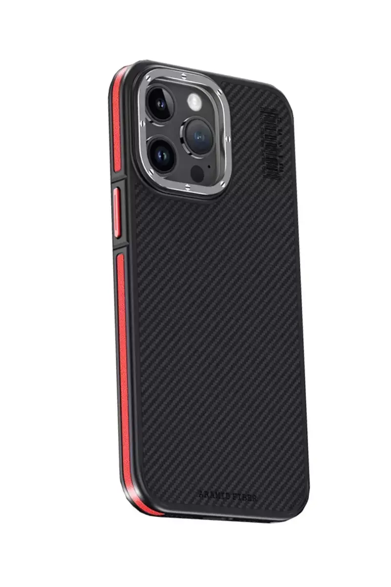 Joko İphone 15 Pro Kılıf Aramid 600d Kevlar Karbon Fiber Magsafe Kapak - Kırmızı